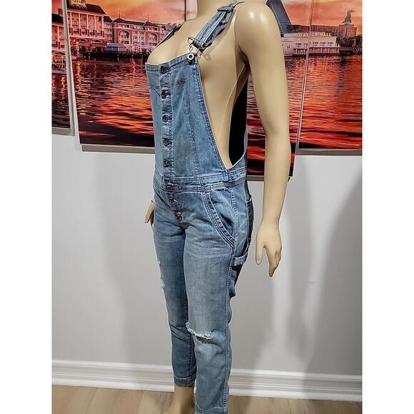Free People Button Front Size 27 Distressed Overall Denim Color:True Wash #CB9 - Picture 8 of 13